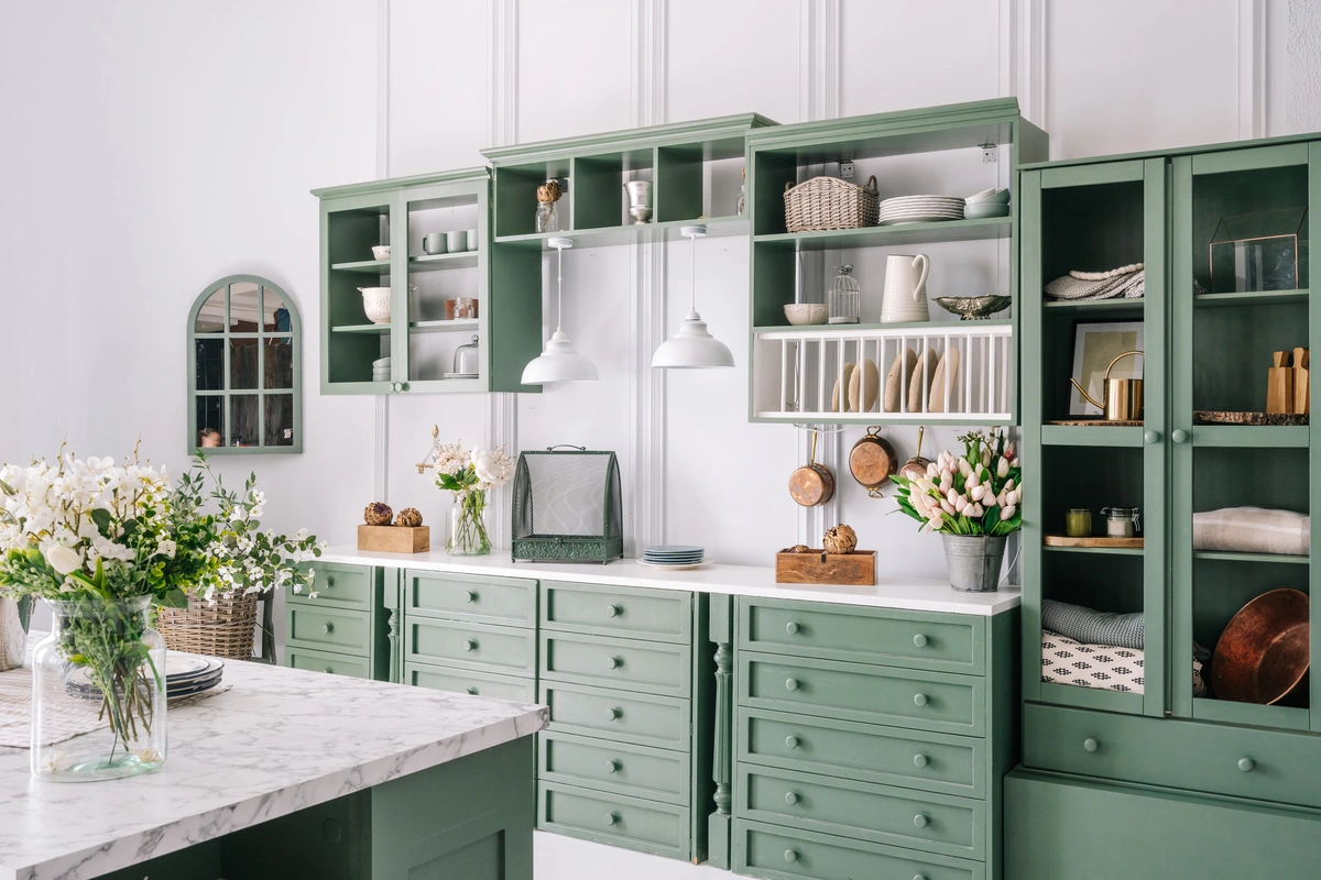 beautiful green shelves installed in kitchen