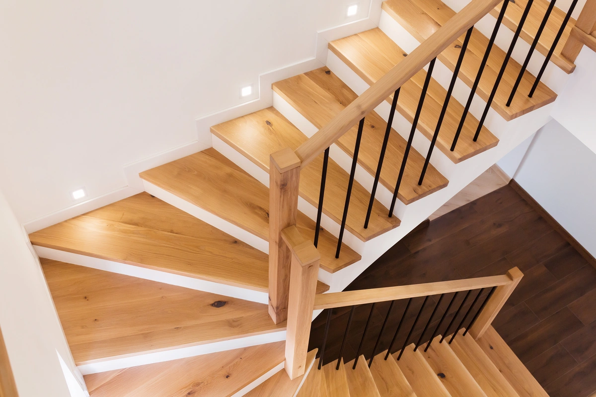 downward view of new wooden staircase remodel
